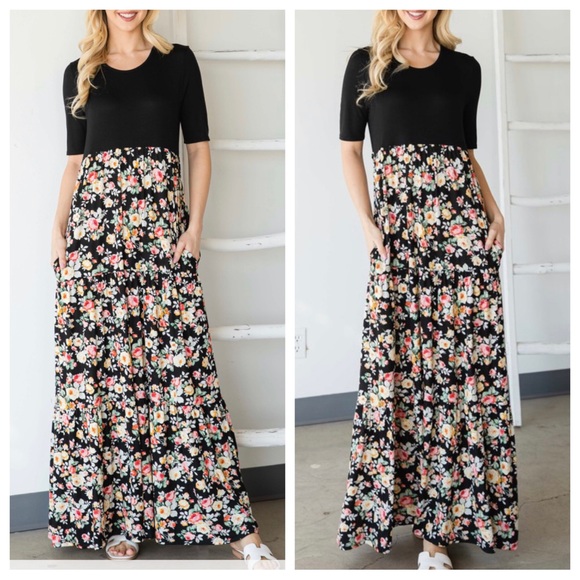 BOHO FLORAL COLOR BLOCK MAXI DRESS - Picture 2 of 6